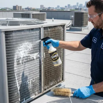 Technician cleaning HVAC condenser coils