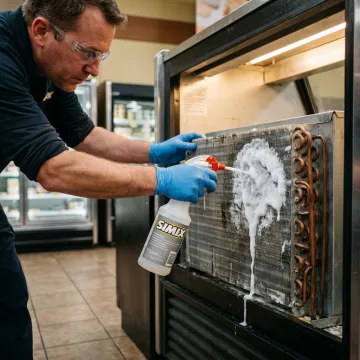 Technician cleaning a commercial refrigeration case