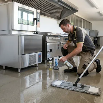 Technician applying surface cleaner to commercial floor