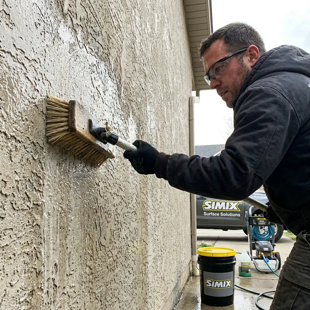 Technician cleaning stucco wall before coating