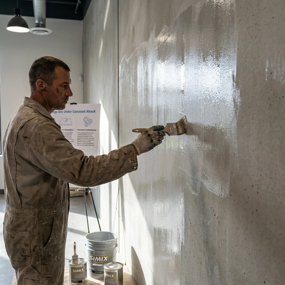 Technician applying clear protective coating to cement wall