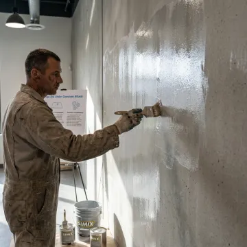 Technician applying clear protective coating to cement wall