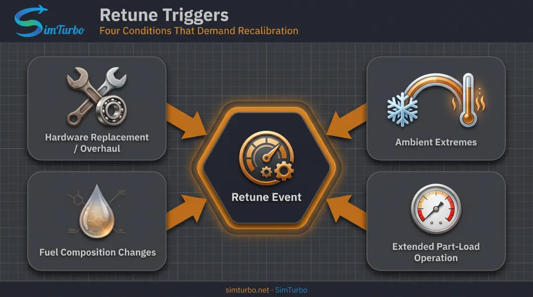 Four triggers for gas turbine combustion retuning process flow