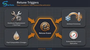 Four triggers for gas turbine combustion retuning process flow