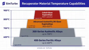 Recuperator material temperature limits hierarchy from ferritic to cobalt-base superalloys