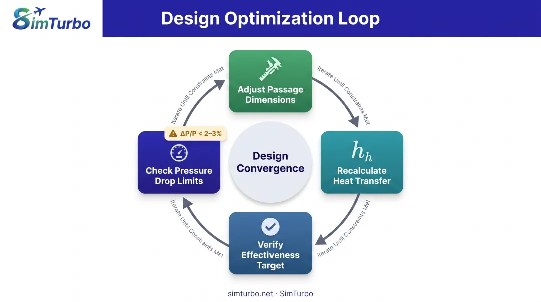 Recuperator design iteration loop showing trade-offs between effectiveness area and pressure drop