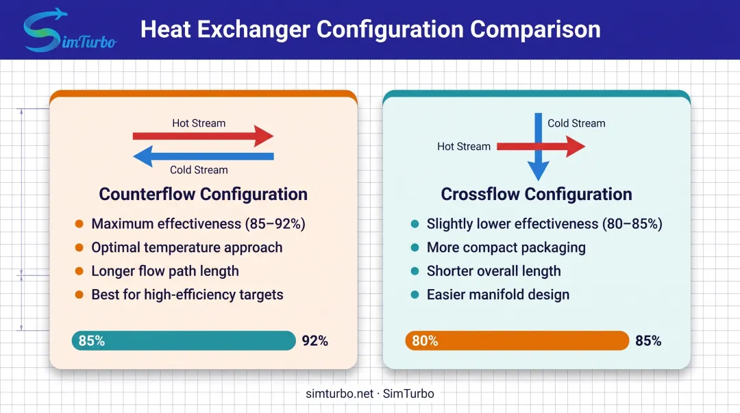 Comparison of recuperator flow configurations counterflow versus crossflow effectiveness and packaging