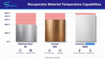 Recuperator material temperature limits comparison chart for stainless steel Inconel and ceramics