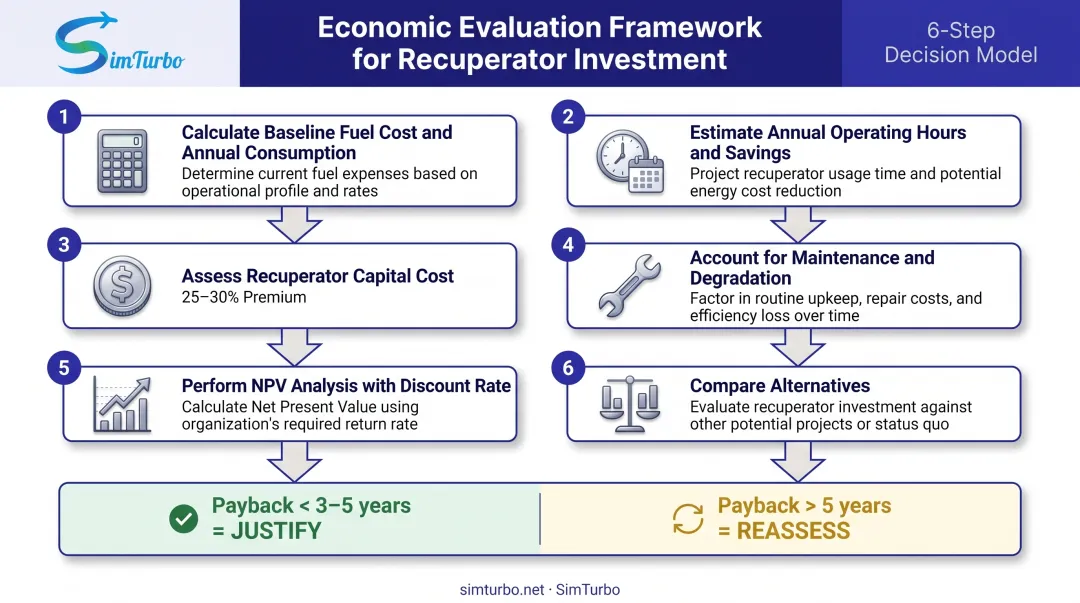 Recuperator economic decision framework 6-factor evaluation flowchart for cost-benefit analysis