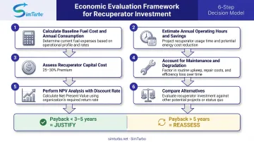Recuperator economic decision framework 6-factor evaluation flowchart for cost-benefit analysis