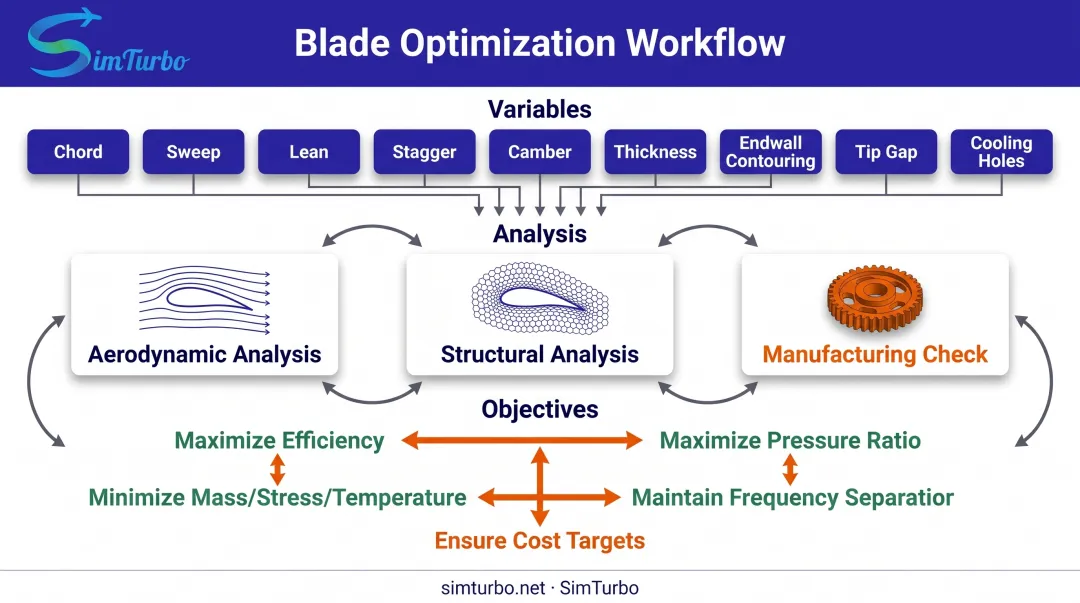 Multi-objective blade optimization process balancing aerodynamic structural and manufacturing constraints