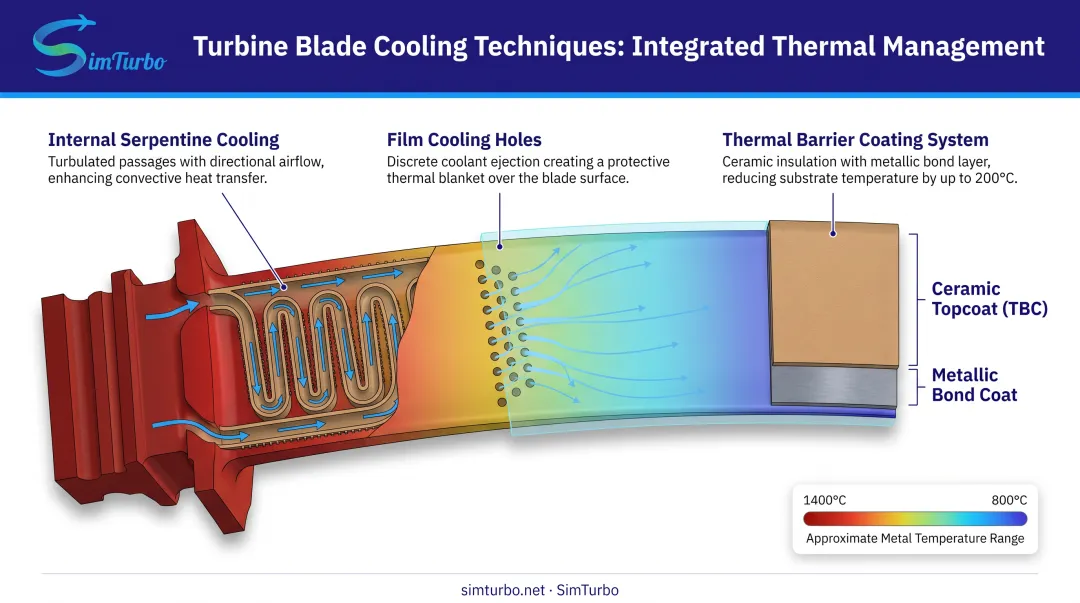 Three-stage turbine blade cooling system showing internal passages film holes and thermal barrier coating