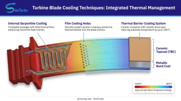 Three-stage turbine blade cooling system showing internal passages film holes and thermal barrier coating