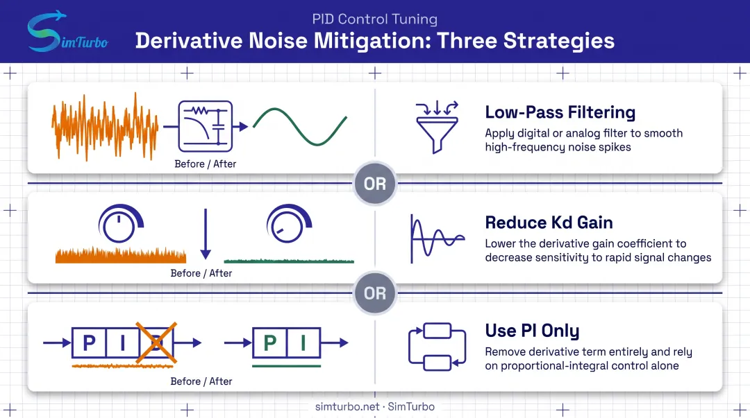 Three derivative noise mitigation strategies with implementation approaches for PID control