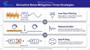 Three derivative noise mitigation strategies with implementation approaches for PID control