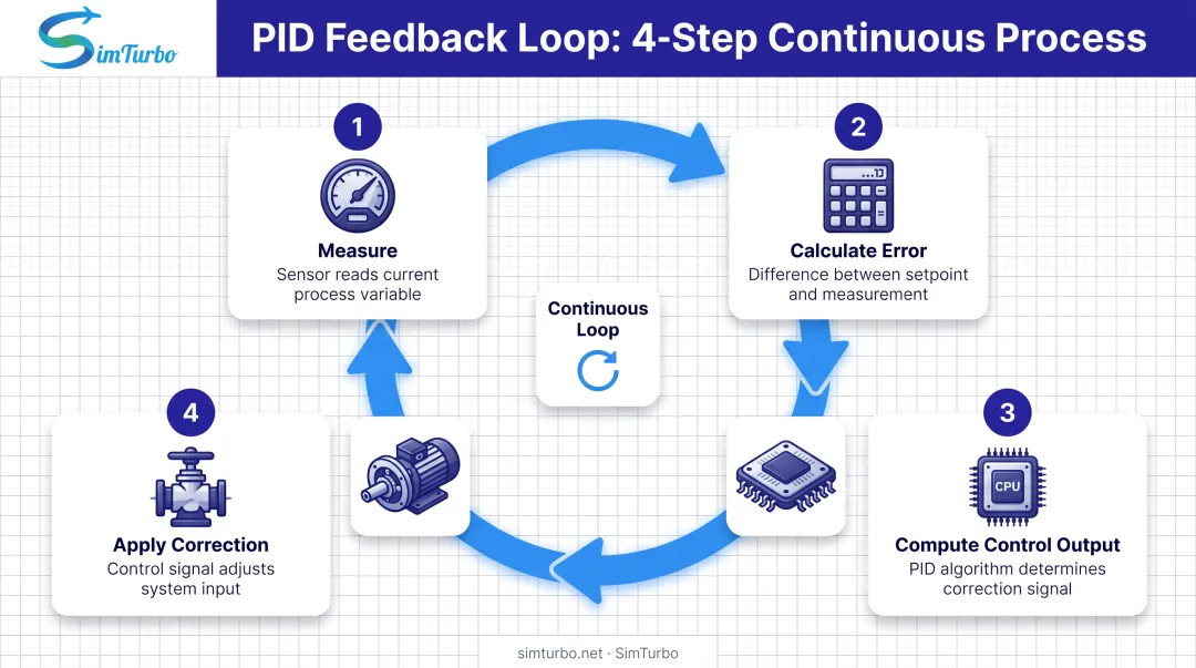4-step PID feedback loop process from measurement to correction with continuous cycle