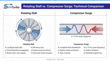 Rotating stall versus compressor surge comparison showing localized disruption versus system-wide oscillation