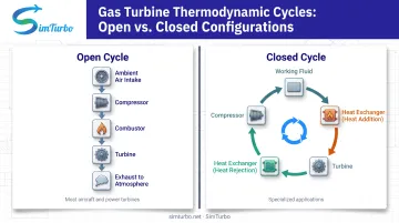 Gas turbine open versus closed cycle configuration comparison showing flow paths and heat rejection methods