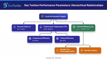 Key gas turbine performance parameters hierarchy showing pressure ratio turbine inlet temperature and efficiency relationships