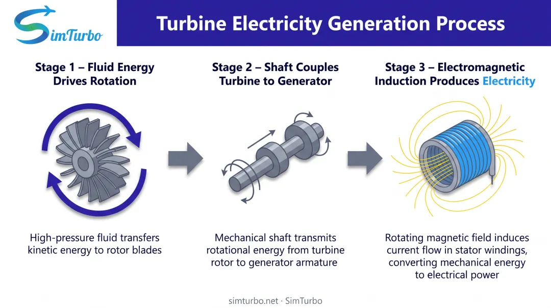Three-step turbine electricity generation process from fluid energy to electromagnetic induction