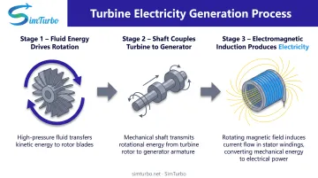 Three-step turbine electricity generation process from fluid energy to electromagnetic induction