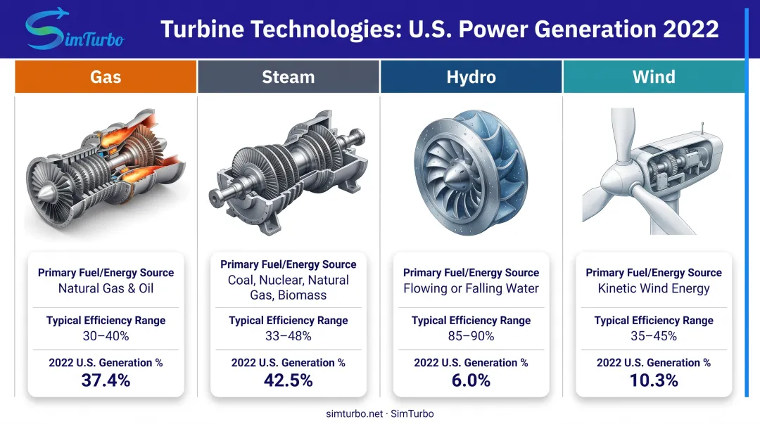 Four primary turbine types comparison chart showing fuel source efficiency and generation percentage