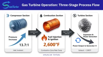 Gas turbine three-component Brayton cycle diagram showing compression combustion and expansion stages