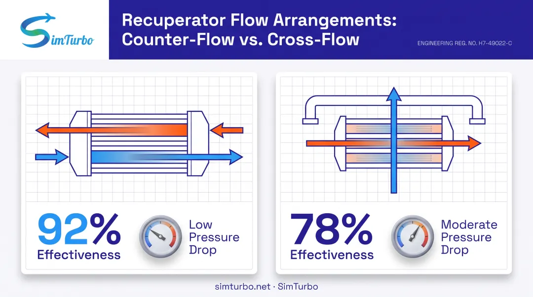 Counter-flow versus cross-flow recuperator design comparison diagram