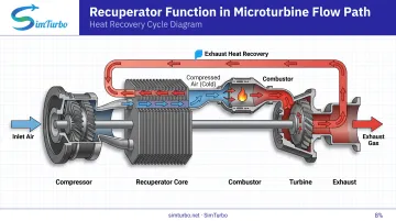 Recuperator gas flow diagram showing exhaust heat recovery to combustor inlet