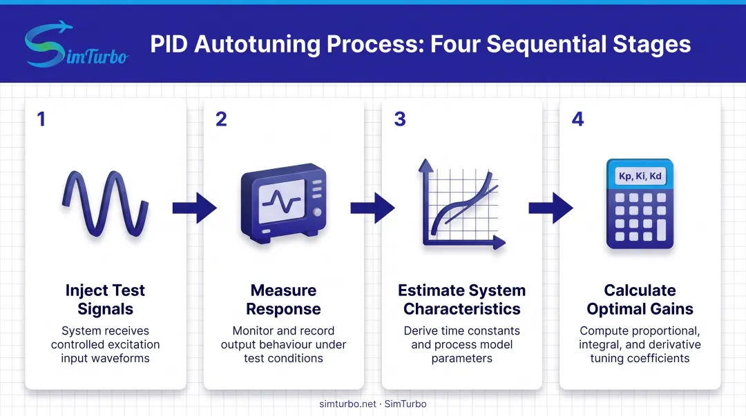 4-step PID autotuning workflow from test signal injection to optimal gain calculation
