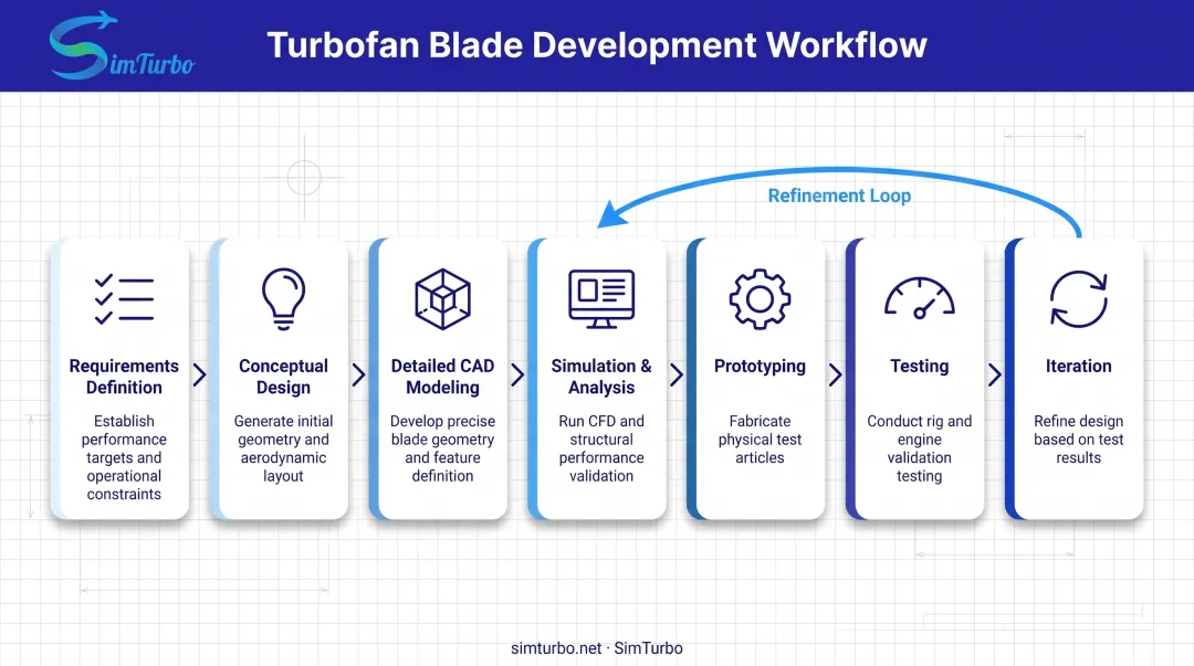 Seven-stage turbofan blade design workflow process from requirements to iteration with feedback loop