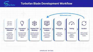 Seven-stage turbofan blade design workflow process from requirements to iteration with feedback loop