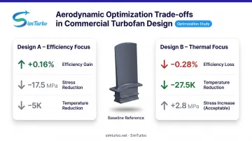 Turbofan blade aerodynamic optimization results comparison showing efficiency versus stress and temperature tradeoffs