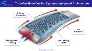 Turbofan blade internal and external cooling system cross-section diagram with airflow paths