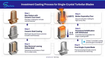 Investment casting process for single-crystal turbofan blades showing six manufacturing steps with directional solidification