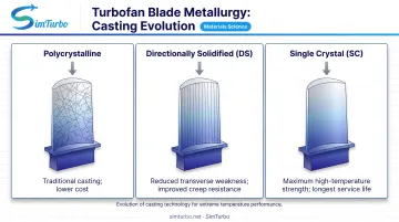 Three turbofan blade casting structures comparison showing polycrystalline directionally solidified and single crystal grain patterns