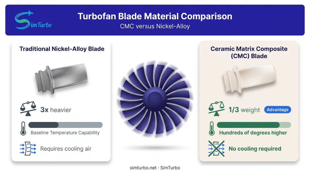 Ceramic matrix composite versus nickel alloy turbofan blade comparison showing weight and temperature advantages