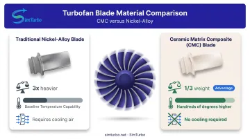 Ceramic matrix composite versus nickel alloy turbofan blade comparison showing weight and temperature advantages