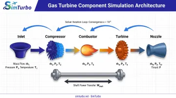 Gas turbine component-based simulation flow from inlet through compressor combustor turbine to exhaust