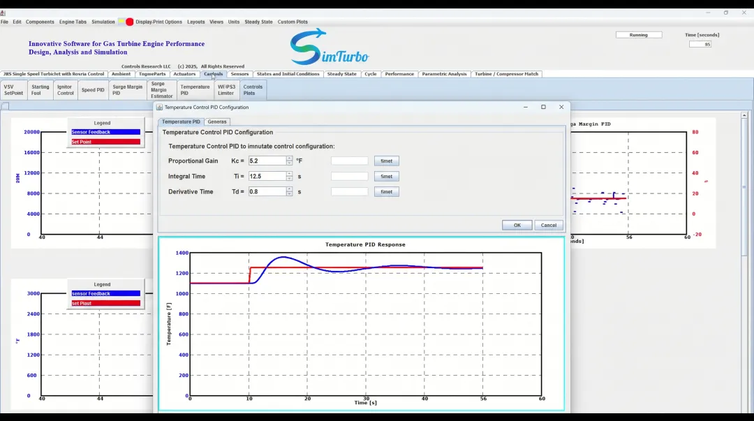 Gas turbine simulation platform showing PID controller configuration and real-time temperature control response