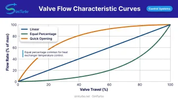Three control valve flow characteristics comparing linear equal percentage and quick opening curves