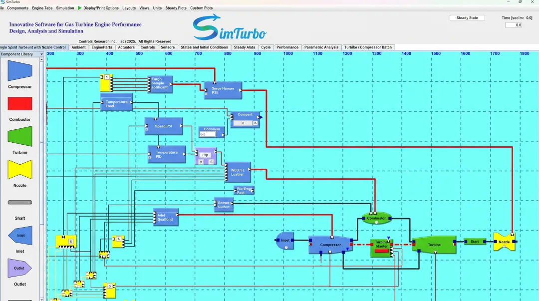 SimTurbo graphical interface showing drag-and-drop gas turbine component assembly and system layout