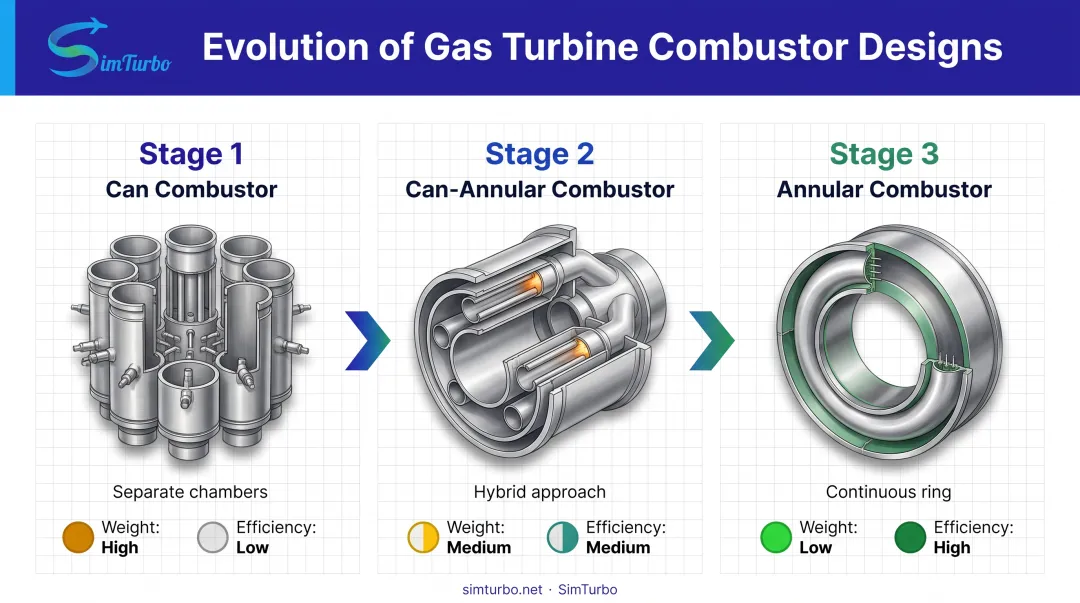 Evolution from can to can-annular to annular combustor designs showing structural differences