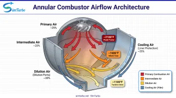 Four-path annular combustor airflow management diagram showing primary intermediate dilution and cooling zones