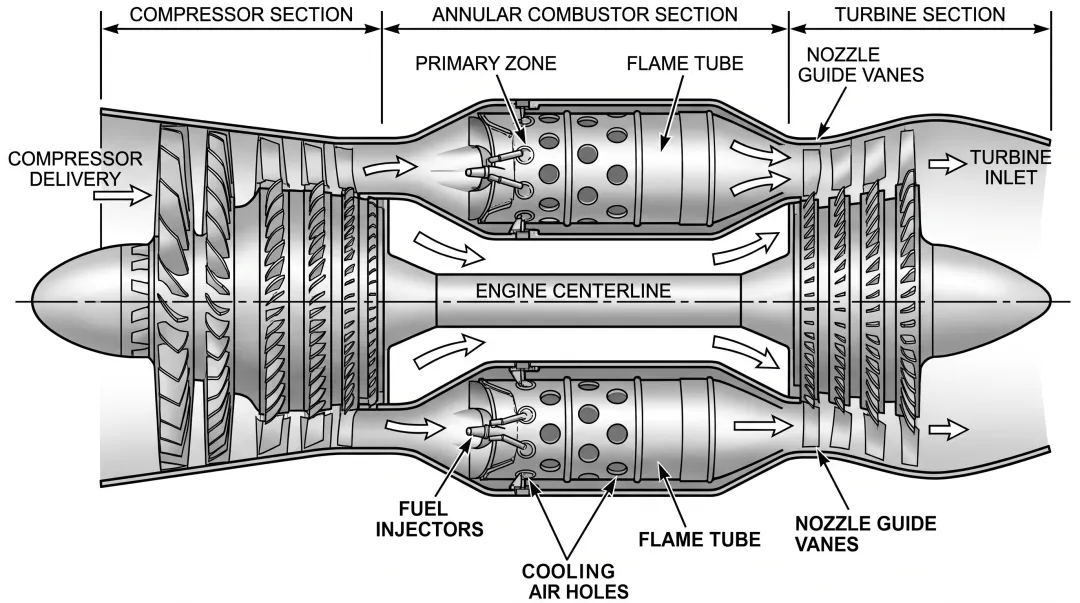 Modern turbofan engine cutaway showing annular combustor between compressor and turbine sections
