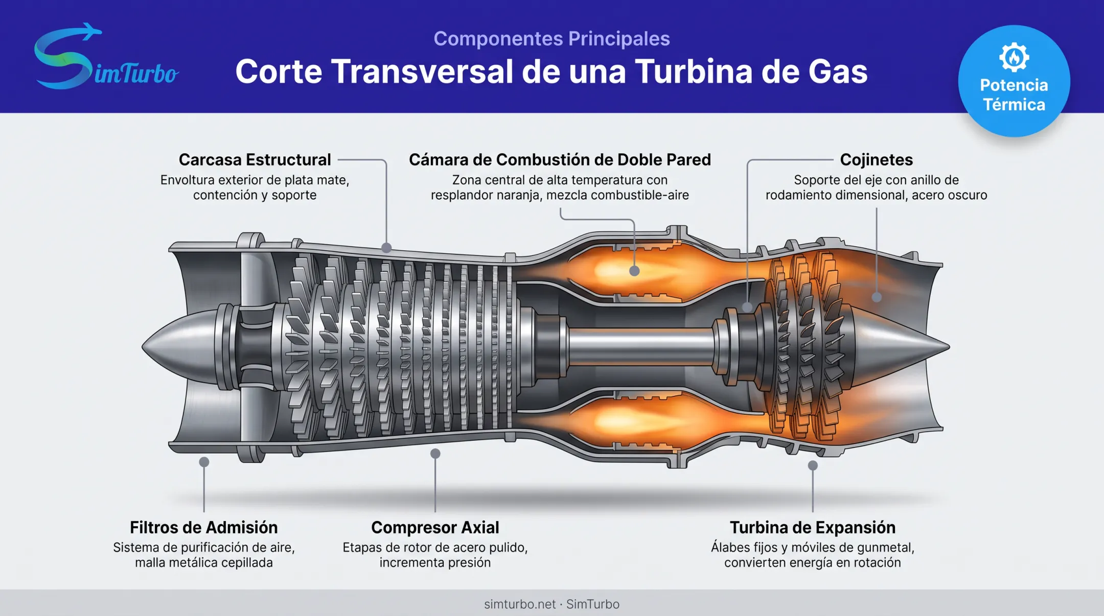 Diagrama de partes principales de una turbina de gas con componentes etiquetados
