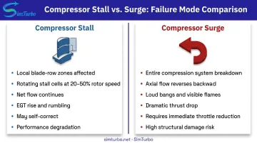 Side-by-side comparison of compressor stall versus surge characteristics and flow behavior