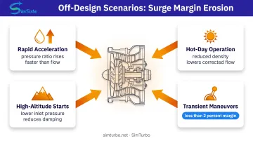 Four off-design operating conditions that push compressor toward surge line on performance map