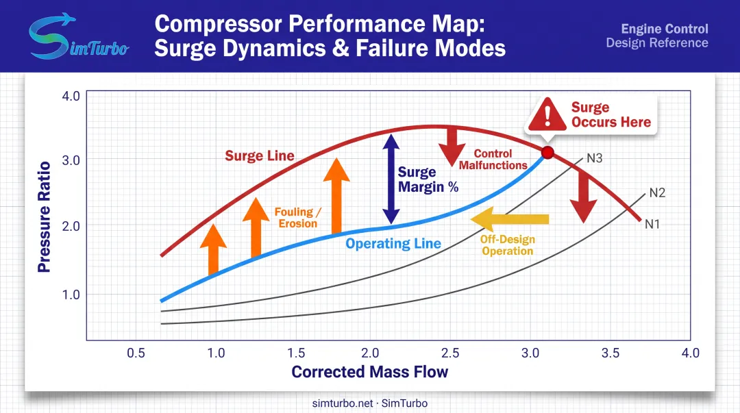 Compressor performance map showing operating line surge line and margin erosion factors