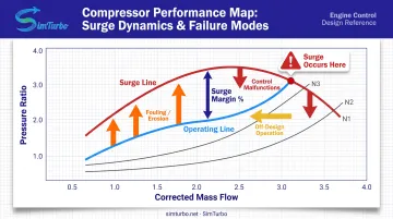 Compressor performance map showing operating line surge line and margin erosion factors